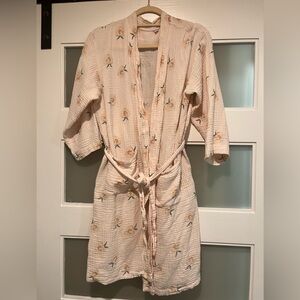 Blush Pink peach Floral Beige Robe with Belt bath robe cotton muslin S